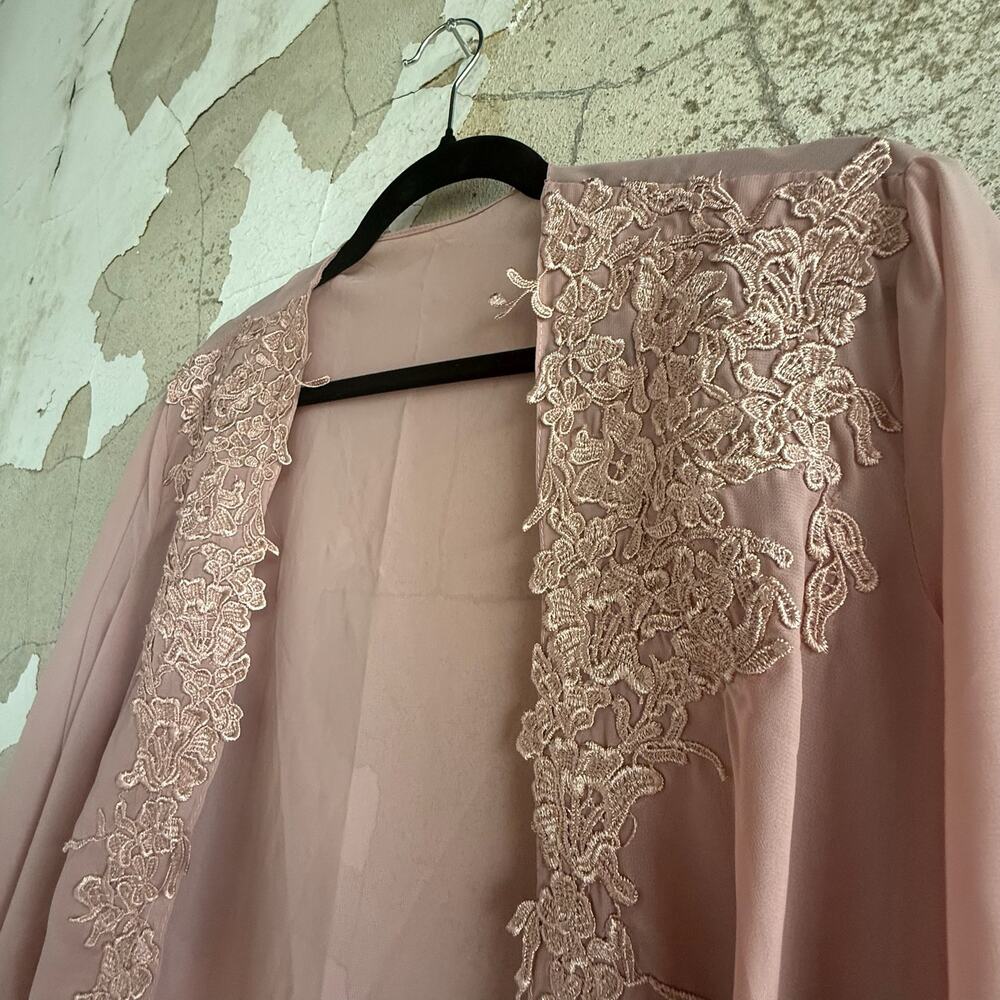Kimono Robe Duster Long Embroidered‎ Lace Trim Romantic Sheer Blush Pink - Picture 4 of 6